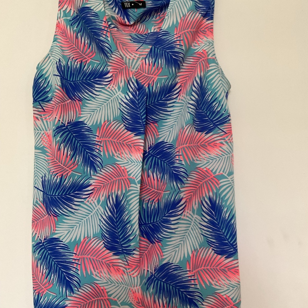 Sleeveless Tropical Leaf Print Top in Blue and Pink